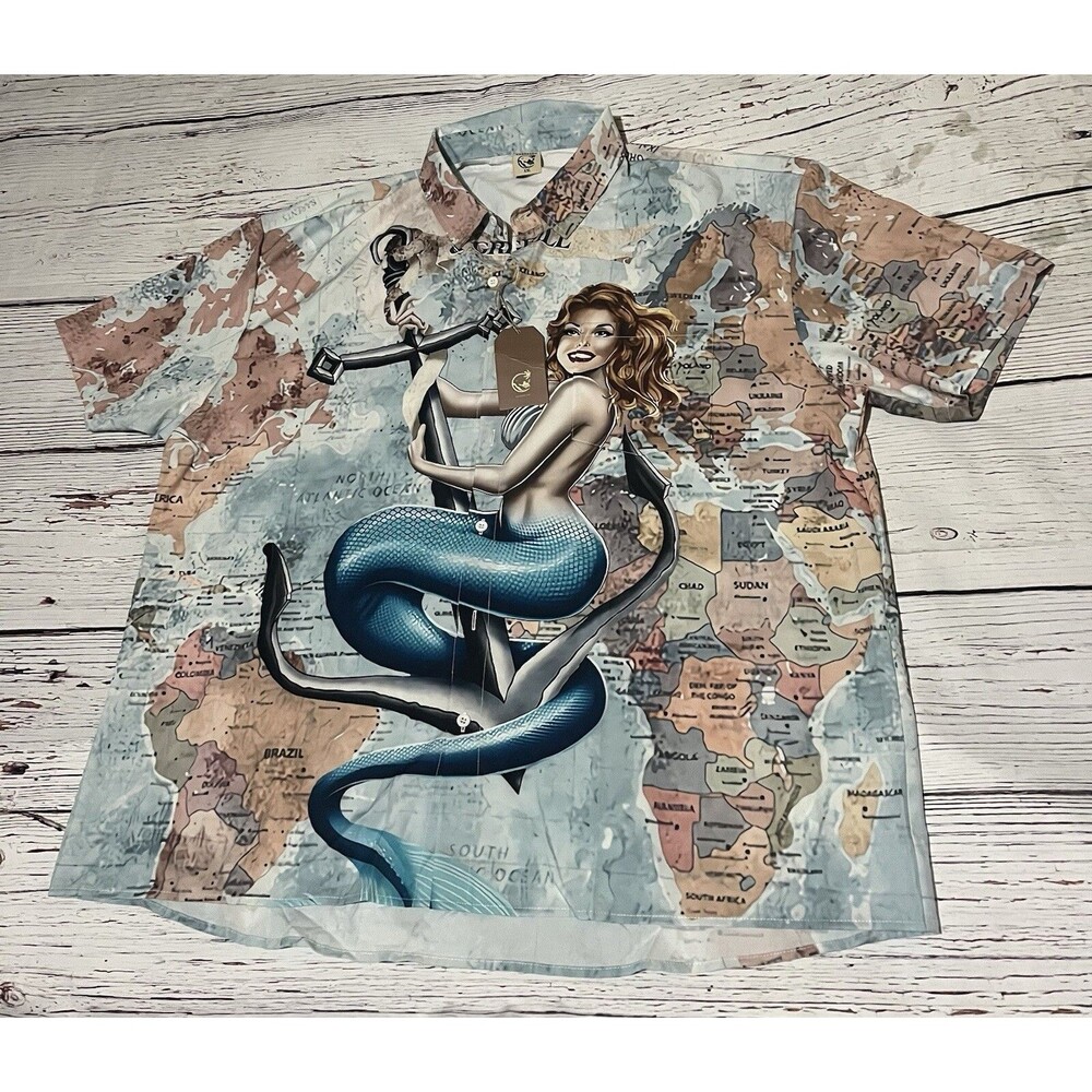 Hardaddy Men's Mermaid Anchor Sailor World Map Button Up Shirt Size 2XL NWT